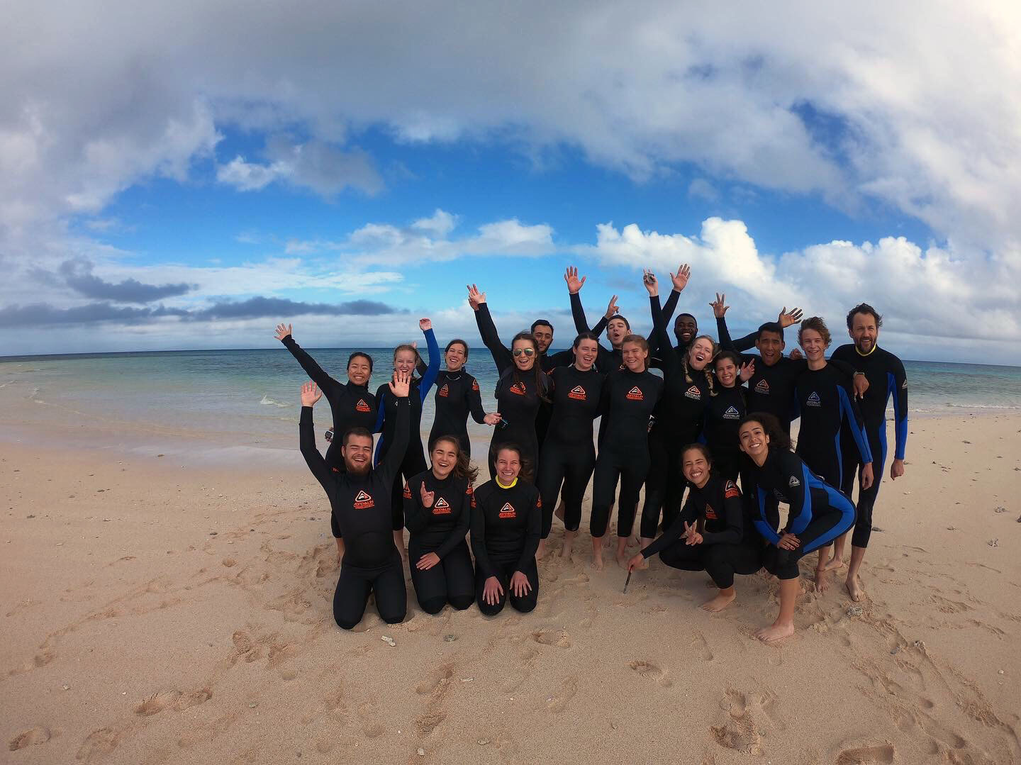 Group in wetsuits on beach