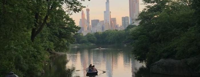 A sunset view of the Central Park Lake from the Ramble