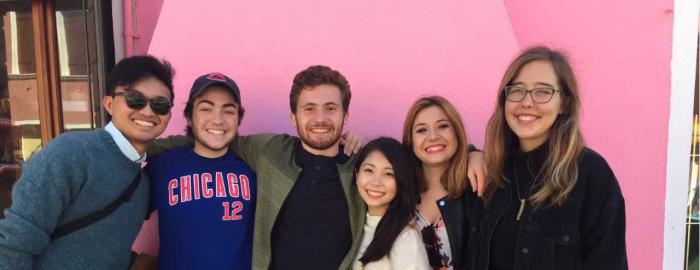 Frances with one of the other Duke students on her program: two Japanese students, one Italian student and a student from Boston University on an island off Venice called Burano, which is famous for its colorful houses.